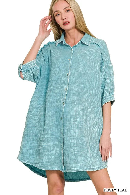 Zenana Shirt Dress Dusty Teal Cotton Washed Double Gauze Oversized Pocketed f655a35a746f4487a18083458c0513e8-Max-Origin Trendsi