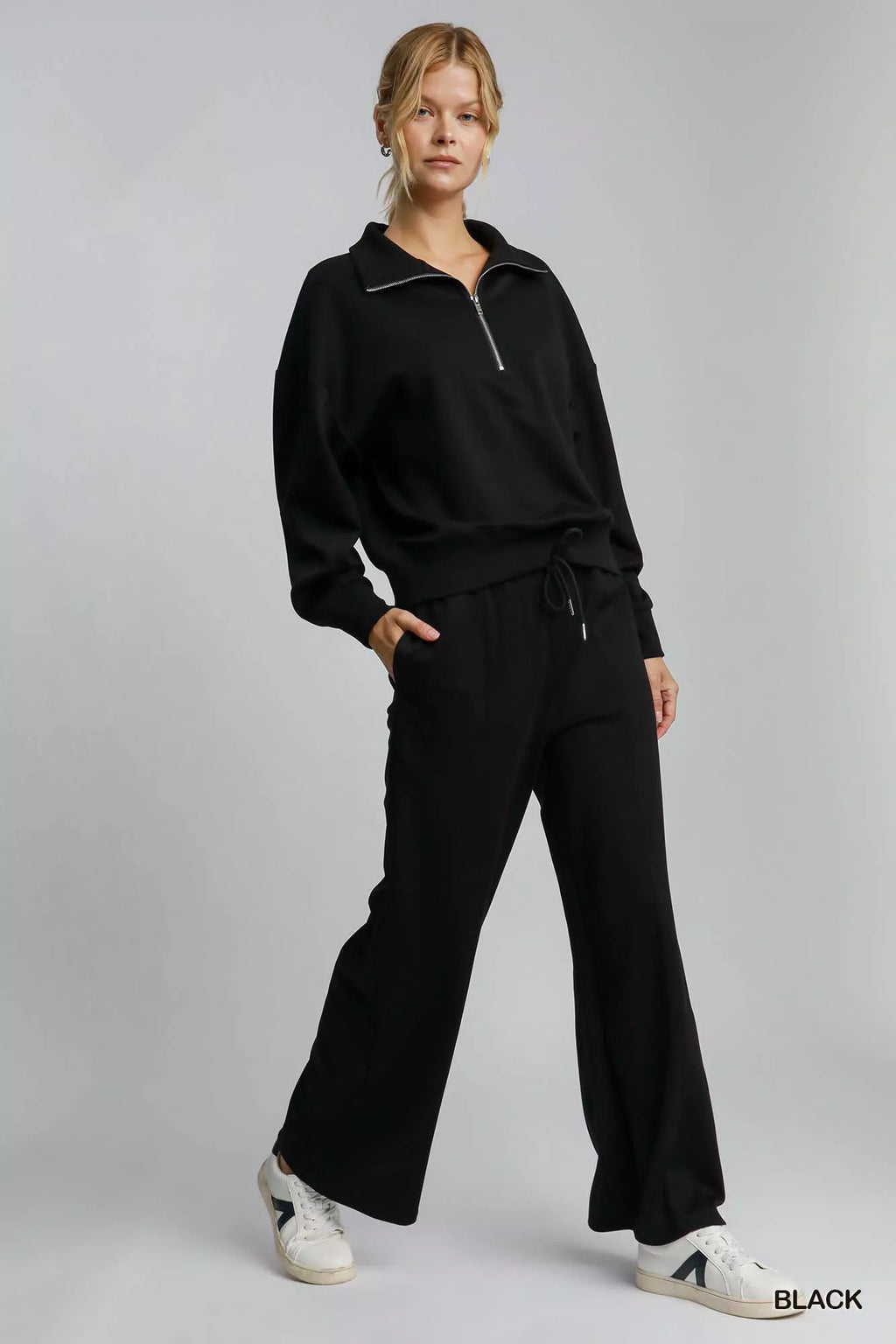 Umgee Women's Sweatshirt Black Half Zip Collar Drop Shoulder Long Sleeve f6568b3a-2774-47dc-b22f-24a90fce726b-Max-Origin Trendsi