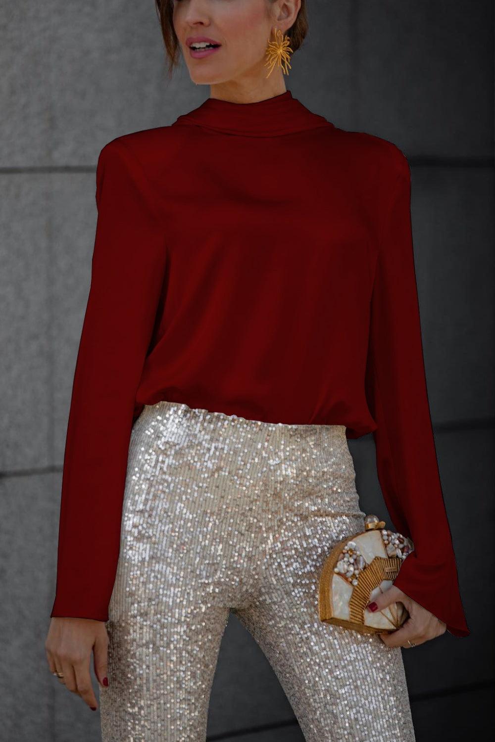 Women Blouse Backless Cowl Neck Long Sleeve Elegant Party OYL Tops Burgundy f65b8365-4edf-4441-aed9-0f4ed5a1c93c-Max Trendsi