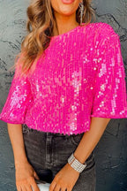 Sequin Blouse Fuchsia Pink Round Neck Half Sleeve Top f664059d-02ee-4f8a-aed8-24992c37e2f9-Min Trendsi