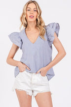 Ces Femme Striped Blouse V-Neck Ruffled Cap Short Sleeve Blue Top f6647e3c-d37e-44b7-ae8d-719f63fa4bf3-Min Trendsi