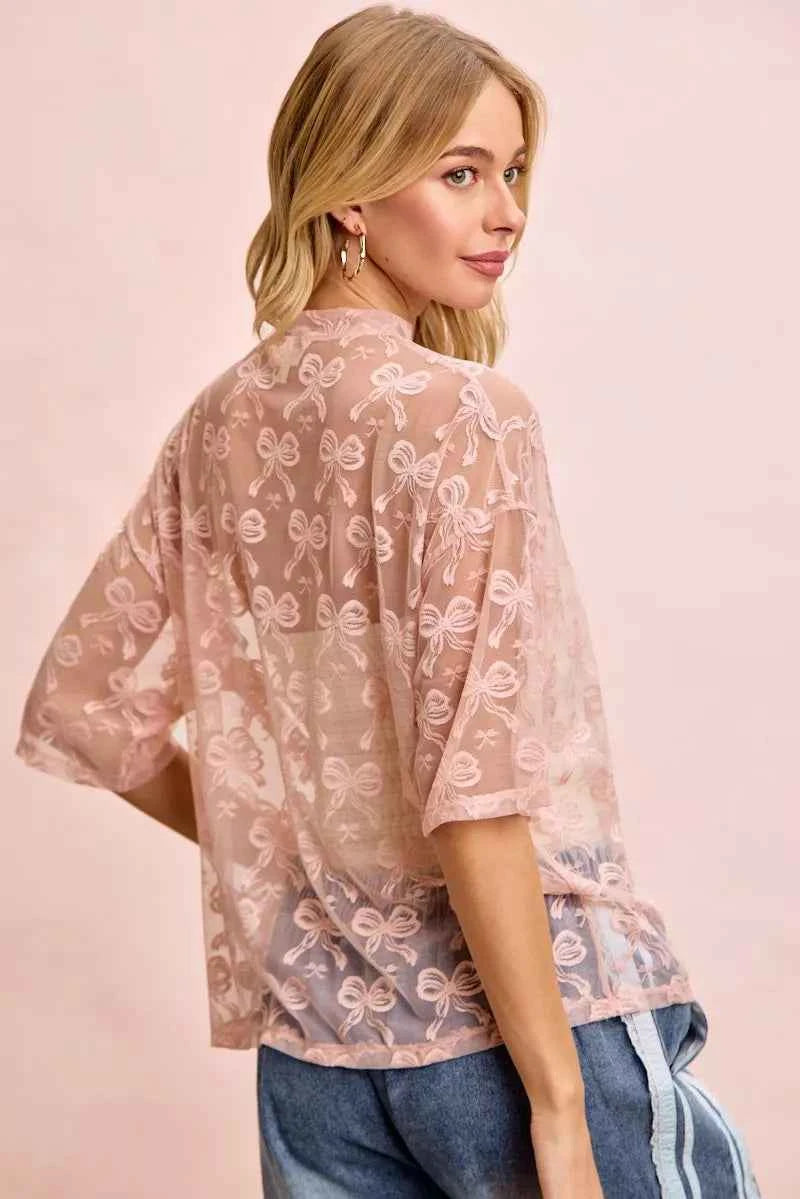 BiBi Bow Pattern Short Sleeves Boxy Mesh Top