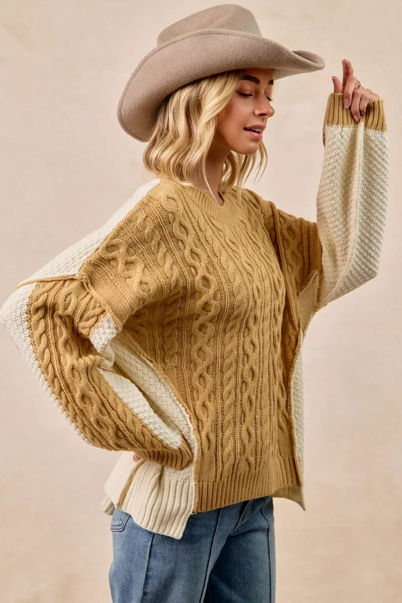 BiBi Womens Sweater Cable Knit With Hacci Combo Uneven Hem Detail f6684b0bbbe2439f9689caf86d876690-Max-Origin Trendsi