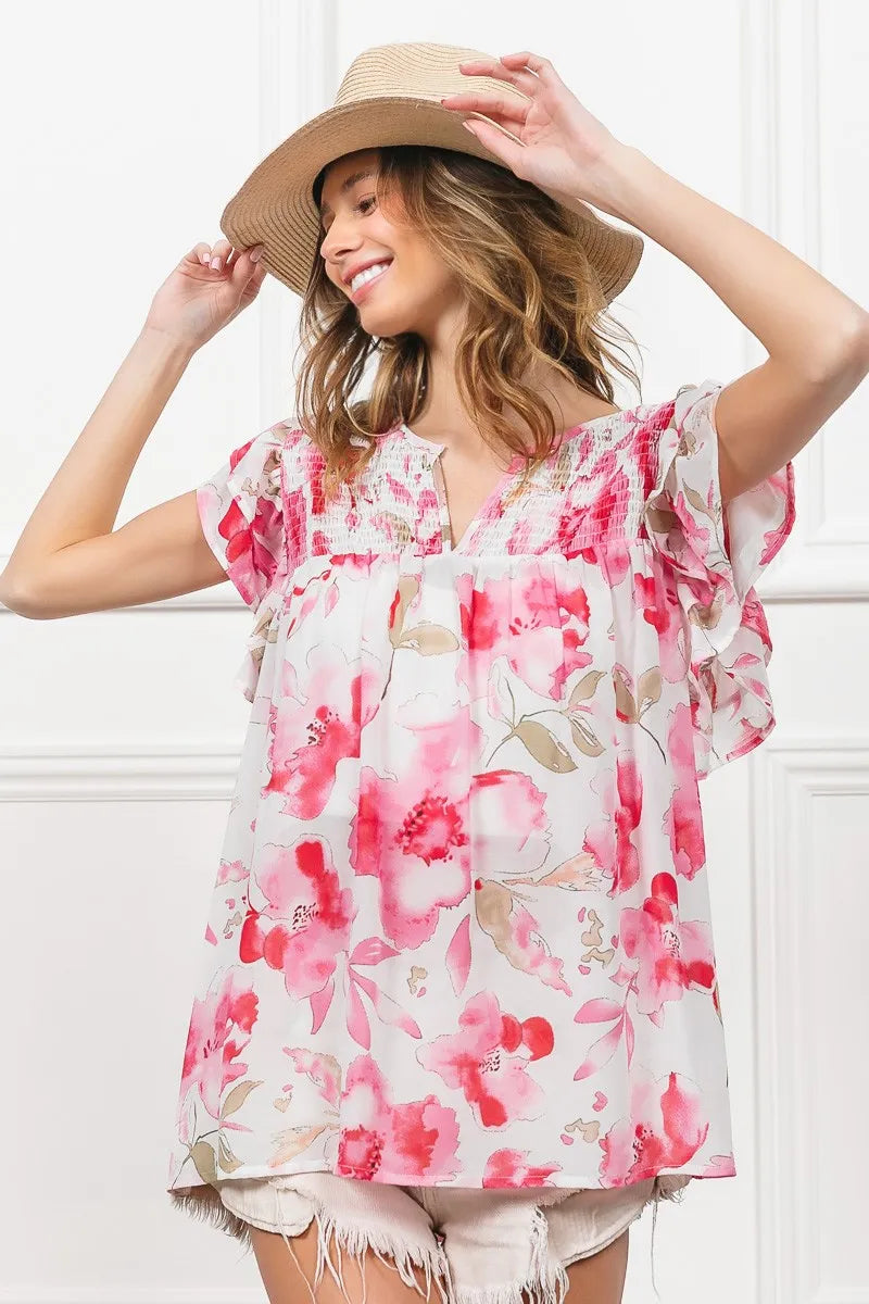 BiBi Blouse Ruffled Floral Print Flutter Sheer Top Short Sleeve f66989c41aa240e293543ce45161f9d4-Max-Origin Trendsi