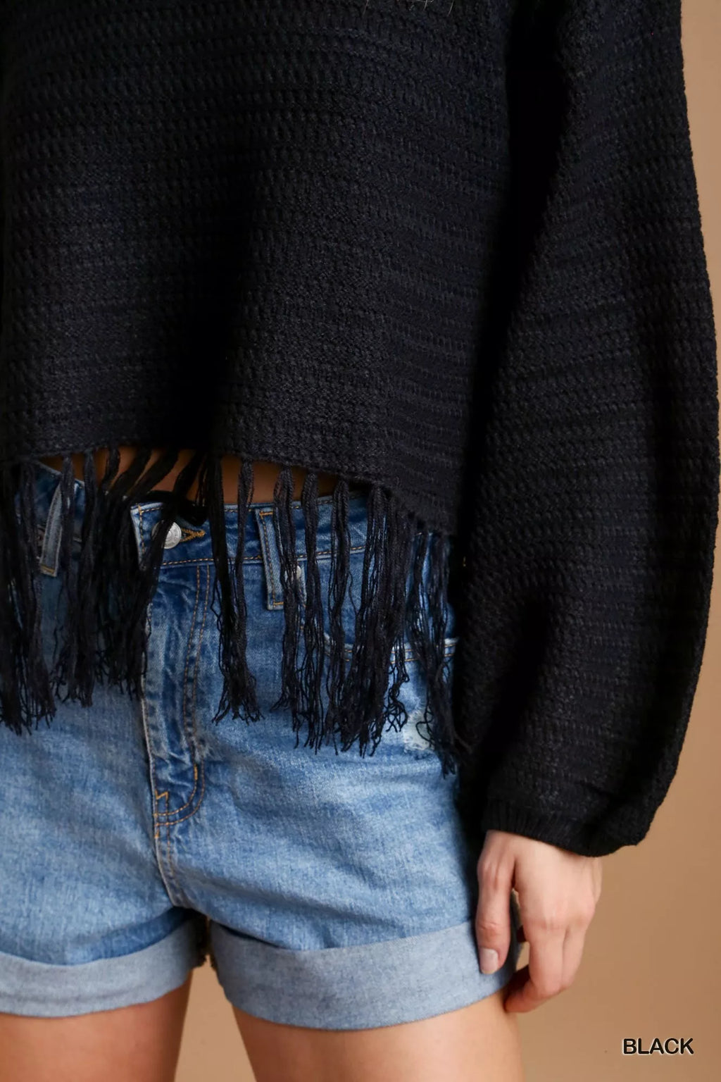 Umgee Womens Crochet Knit Crop Top Black with Frey Hem Fringe f672cea4-638b-4c65-be2a-da325c08a7fe-Max-Origin Trendsi