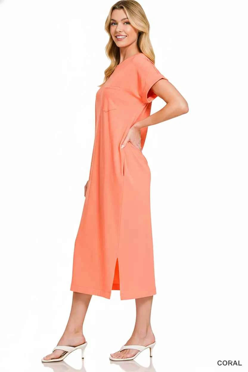 Zenana Midi Dress Coral Round Neck Short Sleeve with Pockets f6753da7-6e63-4100-8dd1-ca3d05cf2833-Max-Origin Trendsi