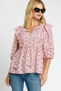Umgee Blouse Ruffled Bow Print Tie Neck Peplum Half Sleeve Top Blush Pink f67788c9-44ac-46c9-807c-c9c73954c712-Max-Origin Trendsi
