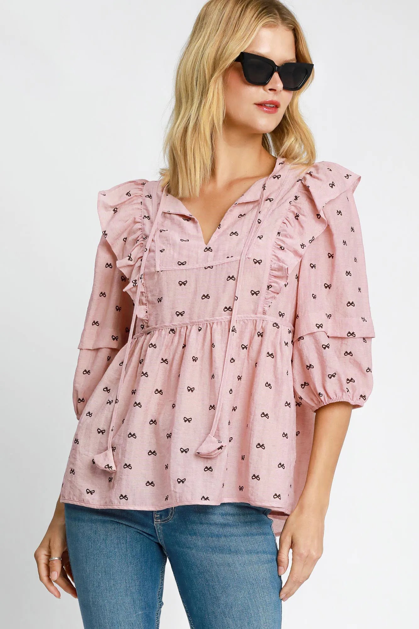 Umgee Blouse Ruffled Bow Print Tie Neck Peplum Half Sleeve Top Blush Pink