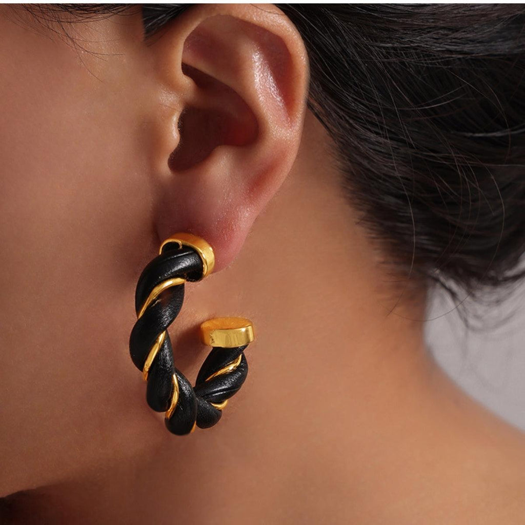 Earrings 18K gold-plated Twisted Leather Rope C-Hoop Jewelry Black One Size f67c0fc0-d2e8-4210-939a-14dfd3446eed-Max Trendsi