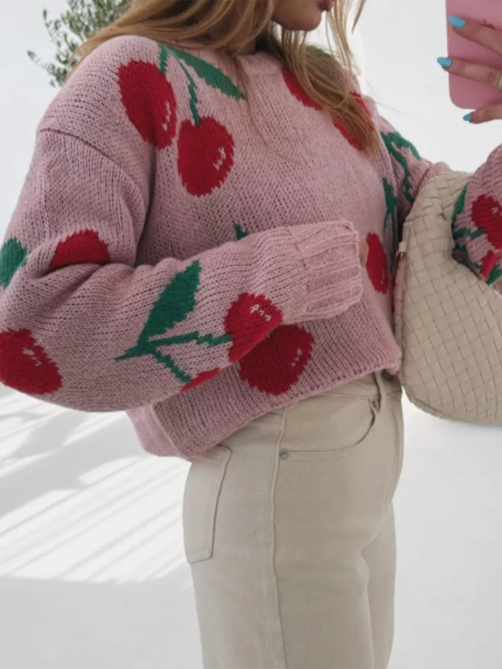 Women's Sweater Dusty Pink Cherry Pattern Knit Long Sleeve Pullover f6910fc1-d1ca-47a9-8925-bfcd34bd8514-Max-Origin Trendsi