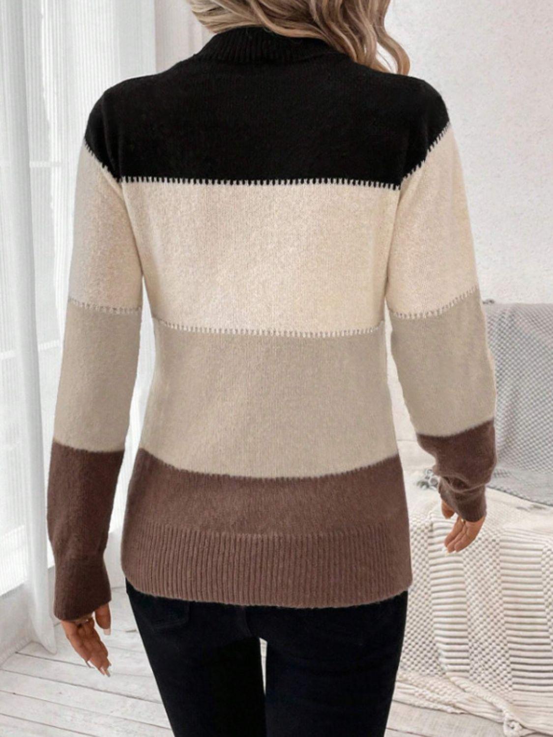 Striped Sweater Color Block Mock Neck Long Sleeve Soft Knitwear f69b98ca-29bc-4e1a-997c-fa7cd4e561aa-Max Trendsi