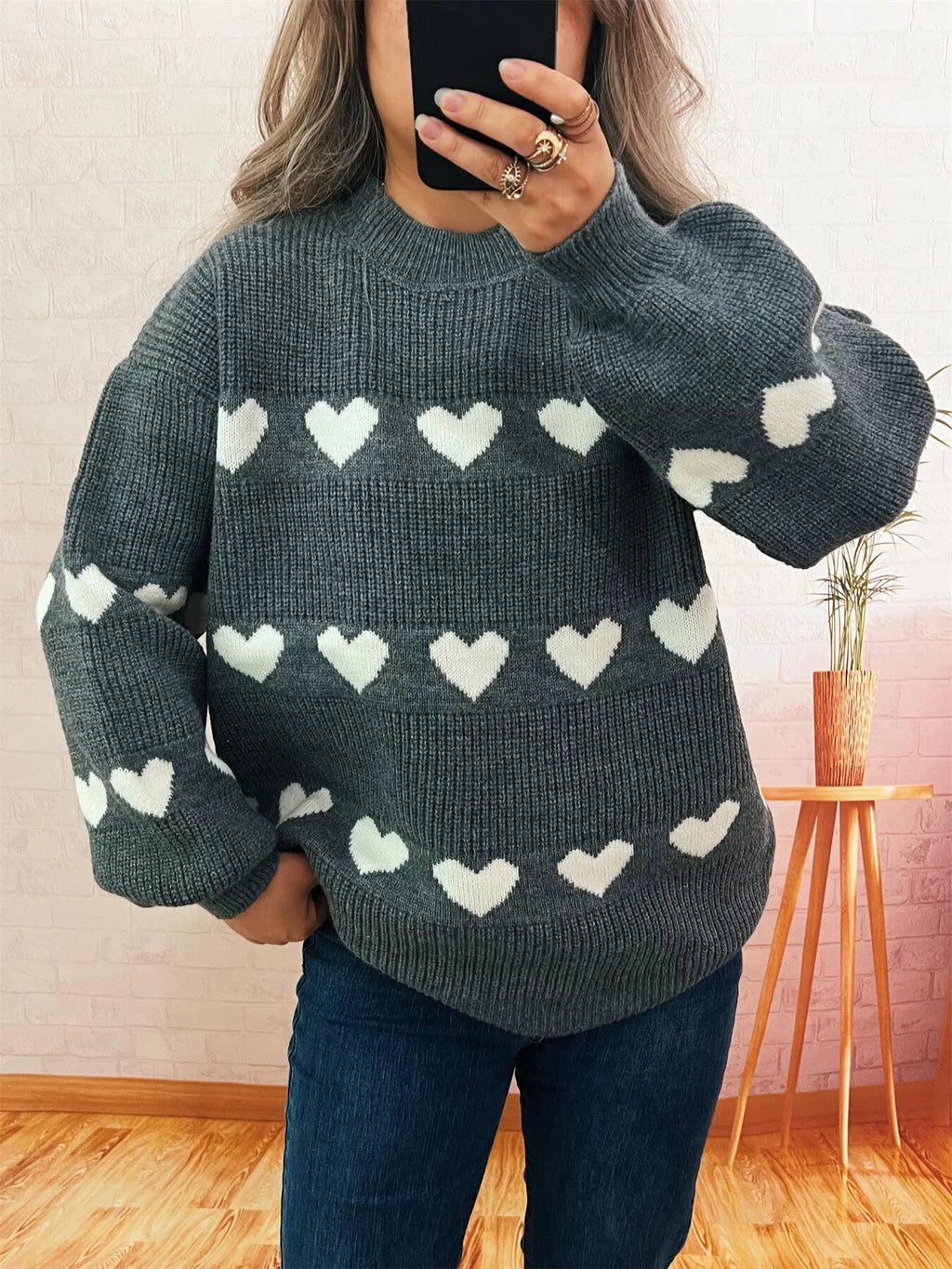Women's Sweater Heart Pattern Dropped Shoulder Long Sleeve Puulover f69e59afb0f34e7ab78fa4b202a68e48-Max-Origin Trendsi