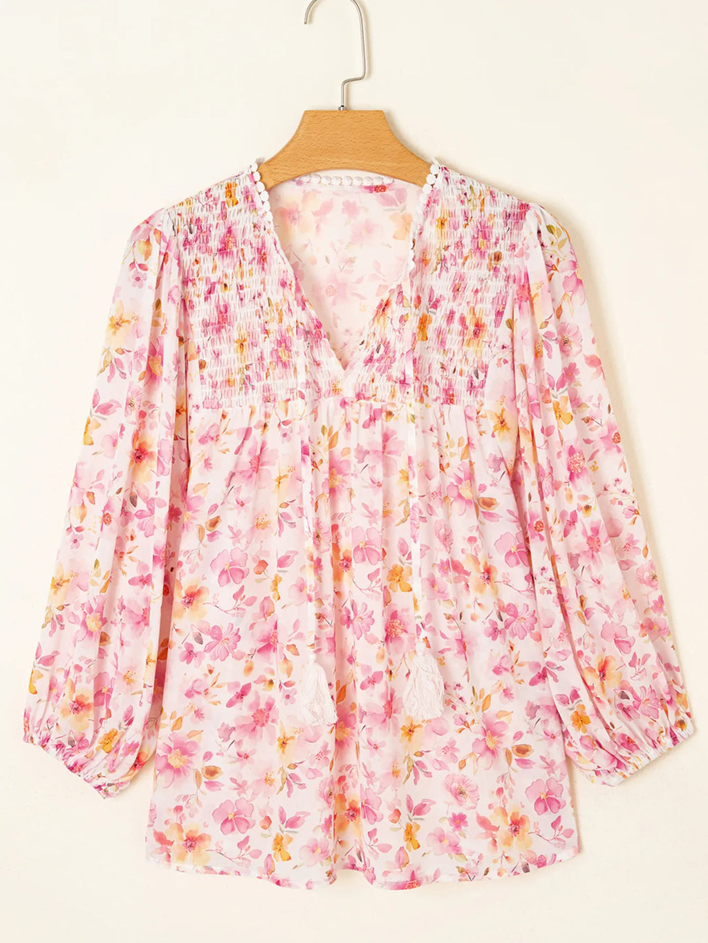 Women's Blouse Pink Floral Print Tassel Tie Smocked Puff Sleeve Smocked Top f6a6a677e8154c4cad51ac70b291e90b-Max-Origin Trendsi