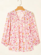 Women's Blouse Pink Floral Print Tassel Tie Smocked Puff Sleeve Smocked Top f6a6a677e8154c4cad51ac70b291e90b-Max-Origin Trendsi