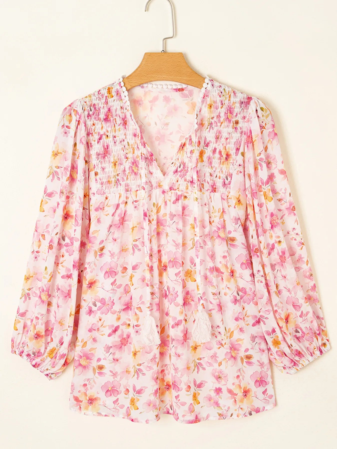 Women's Blouse Pink Floral Print Tassel Tie Smocked Puff Sleeve Smocked Top f6a6a677e8154c4cad51ac70b291e90b-Max-Origin Trendsi