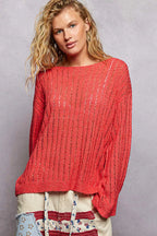 POL Round Neck Long Sleeve Open-Weave Sweater