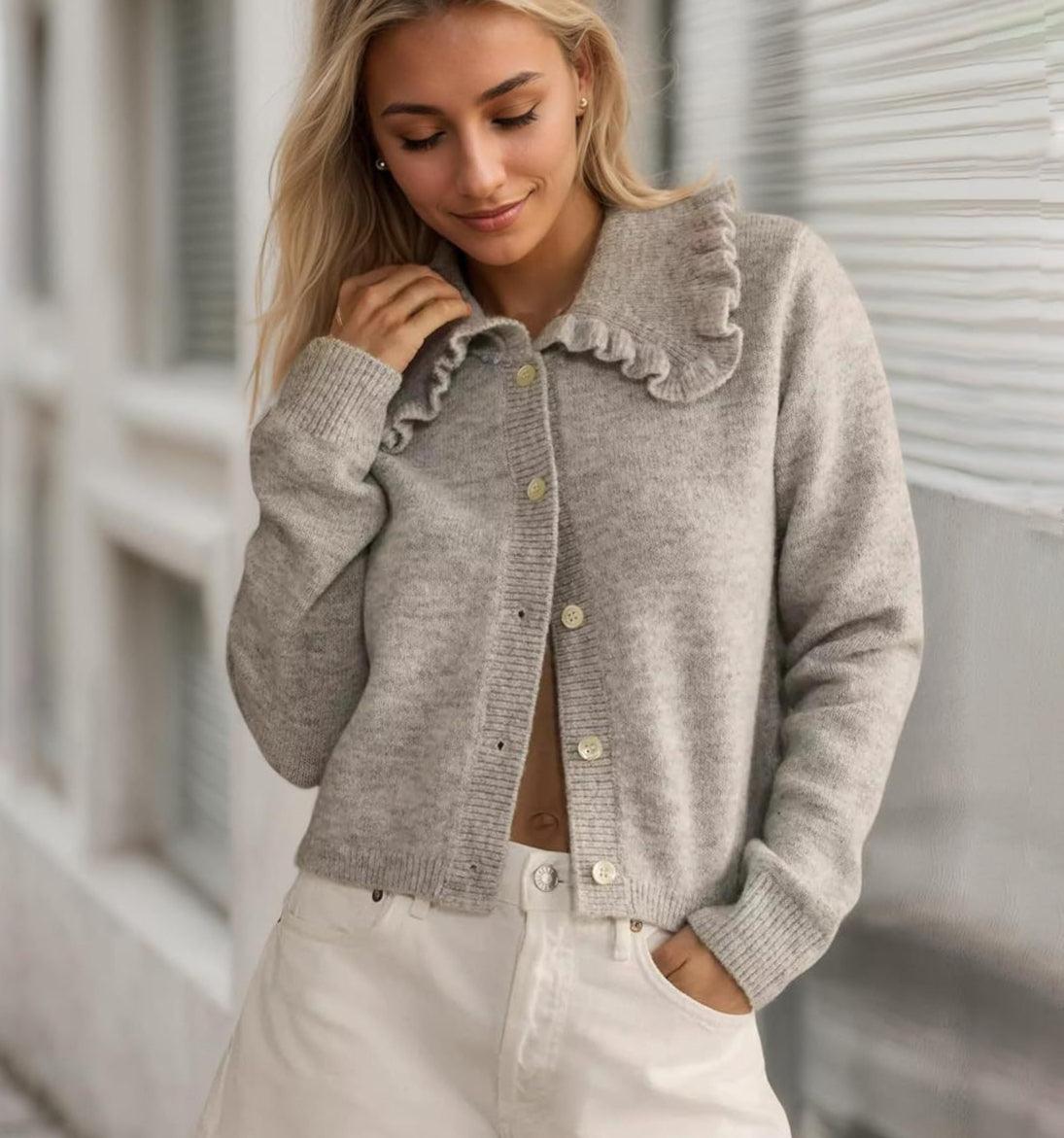 Women Cardigan Frill Collared Cotton Blend Knit Button Up Neck Long Sleeve Light Gray f6b45f3d-47bb-4a58-b53e-3b61b188fb7f-Max Trendsi