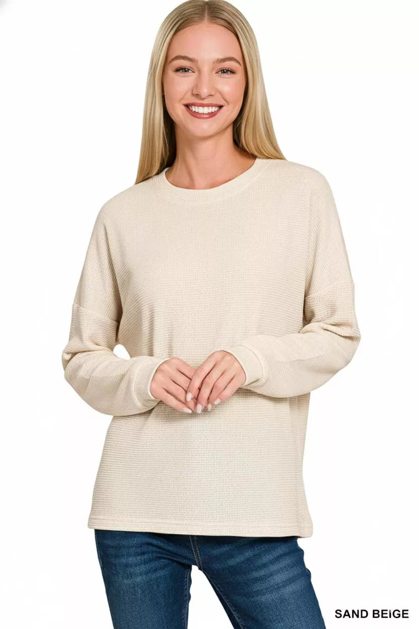 Zenana Blouse Double Knit Round Neck Long Sleeve Top Sand Beige f6c35e1e-cc65-4640-953a-48a97d4fc9e7-Max-Origin Trendsi