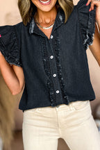 Ruffled Denim Shirt Women's Light Blue Raw Hem Short Sleeve Cotton Top f6c39574-ff4c-402f-95d4-bc63cfb6b549-Max_0819c70e-1777-43a1-a7f0-4b87c8dbdbaa Trendsi