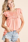 BiBi Jersey Top Ruffle Knit Gathered Coral Flaired Short Sleeve Blouse CORAL f6cbbafc46bb4c178d0718be838314a5-Max-Origin Trendsi