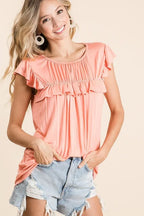 BiBi Jersey Top Ruffle Knit Gathered Coral Flaired Short Sleeve Blouse CORAL f6cbbafc46bb4c178d0718be838314a5-Max-Origin Trendsi