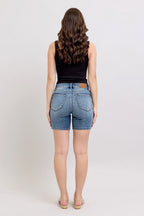 Judy Blue Denim Shorts Women's Button Fly Mid Length with Destroy Hem f6d78763202f45f69cfe2648f4327350-Max-Origin Trendsi