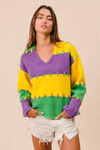 BiBi Womens Sweater Mardi Gras Stripes Stitch Detail Knit Pullover f6da1b24f2c145a7aef444861ac6d9d4-Max-Origin Trendsi