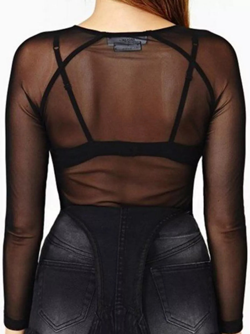 Back view of black mesh top showing racerback design with thin straps crossing upper back