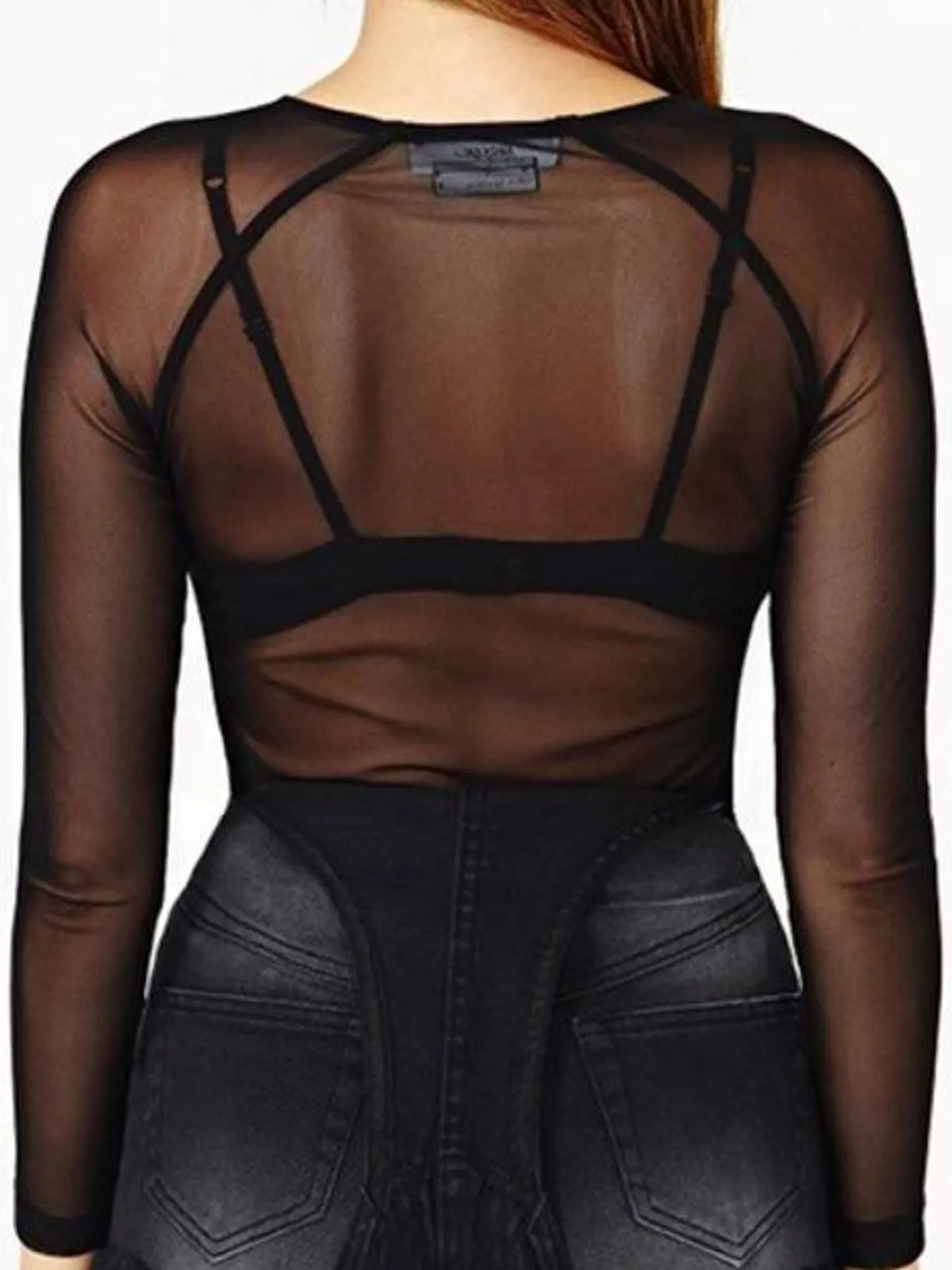 Back view of black mesh top showing racerback design with thin straps crossing upper back