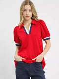 Umgee Puff Sleeve Zip Front Top with Contrast Striped Trim
