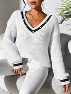 Sweater Beaded Contrast Trim V-Neck Long Sleeve Knitwear f6de2905-7707-420b-9715-96b7958fea32-Max Trendsi
