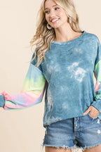 BiBi Tie Dye Womens Blouse Blue Mix French Terry Top With Contrast Tie Dye f6e19acc5616464a8e445272bdf528db-Max-Origin Trendsi