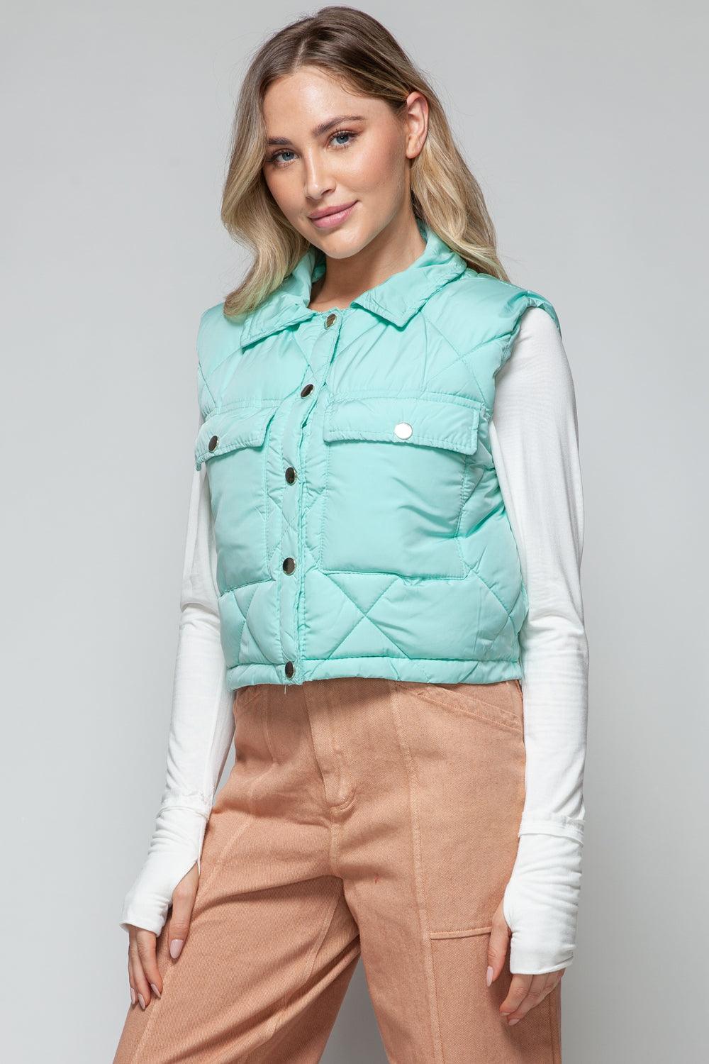 Crop Vest Snobbish Snap Down Quilted Sleeveless Green Outwear f6e835b7-f9f6-4715-ac4e-0bad4c83370a-Max Trendsi