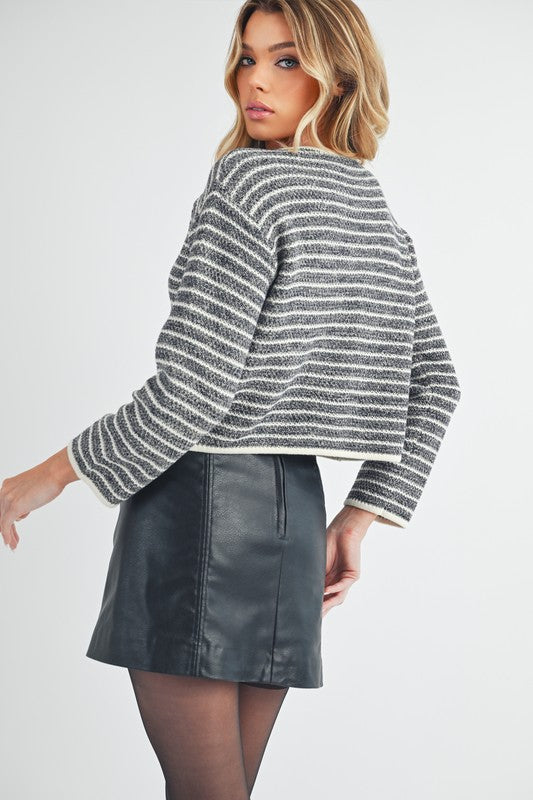Aemi + Co Cardigan Black Striped Cotton Knit Classic Long Sleeve Buttoned f6e9f8cc-dca7-4a14-b767-842c2a619143-Max Trendsi