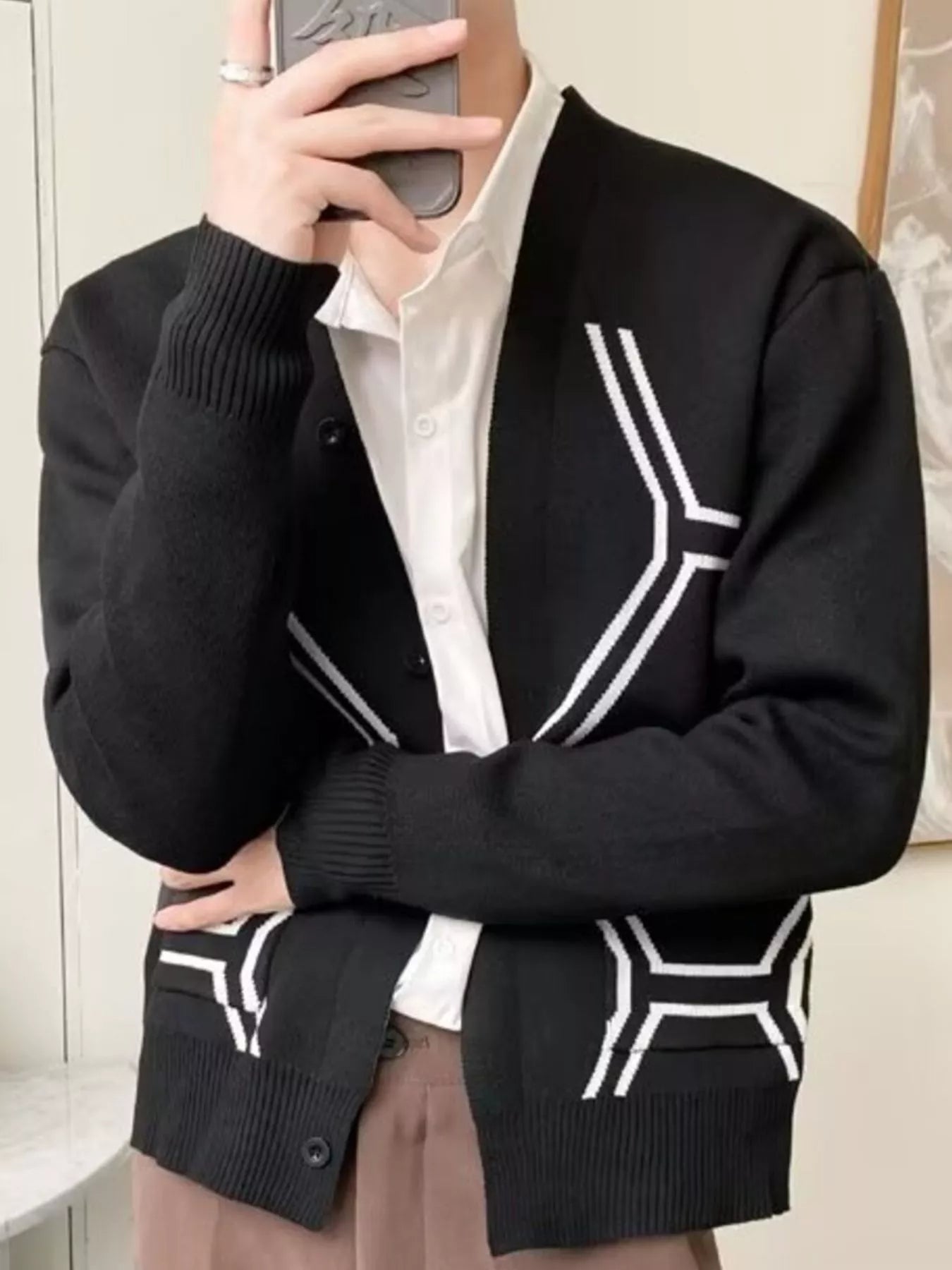 Men's Knit Cardigan Black Geometric Pattern Plus Sizes Classic Style