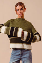 SO ME Women's Sweater Olive Striped Multi Color Mock Neck Pullover OLIVE COMBO f6ff8f36cc9f4ad987e49ee85f074334-Max-Origin Trendsi