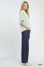 Umgee Blouse Green Contrast Collar V-Neck Top Short Sleeve f7036b7e-9d87-482d-81a7-0660aa3c4547-Max-Origin Trendsi