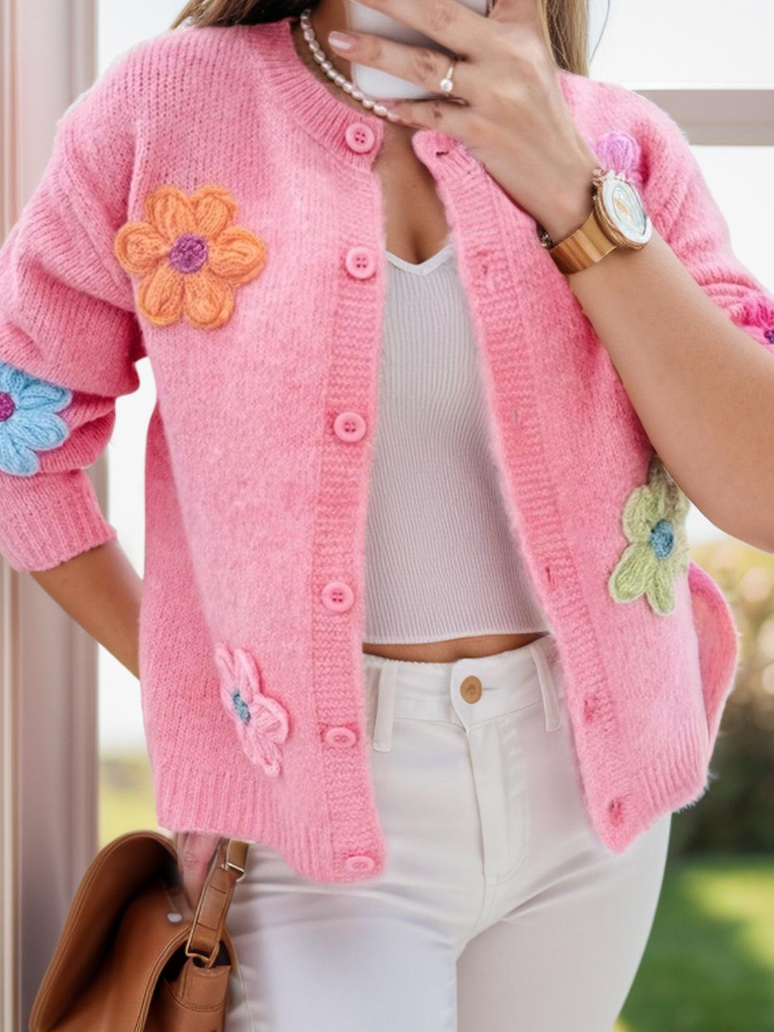 Floral Knit Cardigan Flower Dropped Shoulder Long Sleeve Sweater f7038267-bf12-4adf-887e-27af54ff5b4b-Max Trendsi