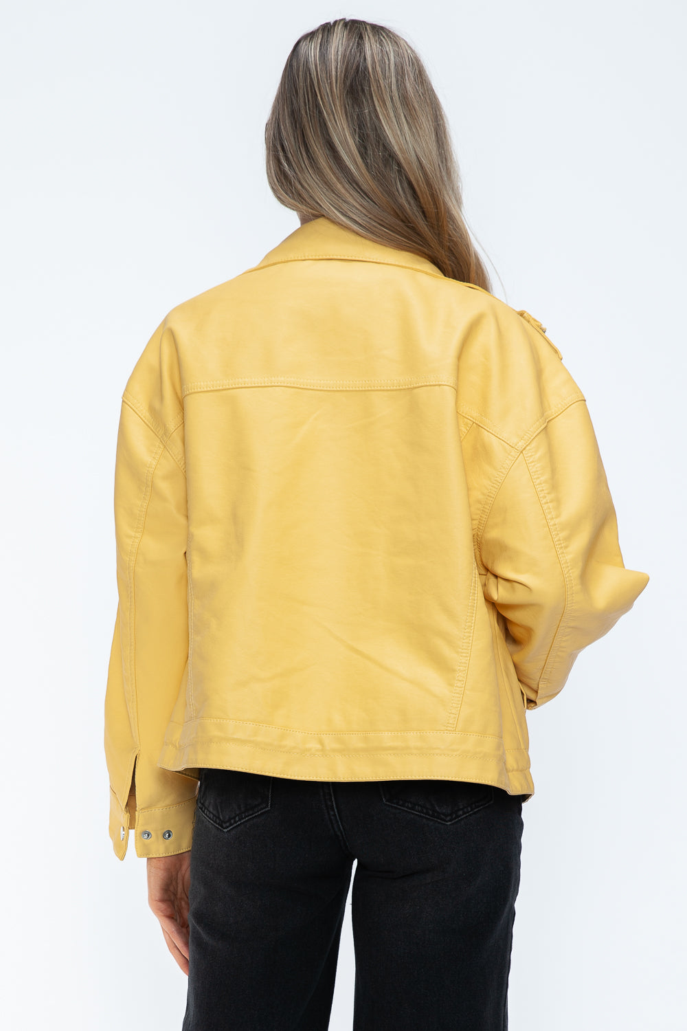 How Dare U Women PU Leather Jacket Drawstring Hem Zip Up Jacket Yellow