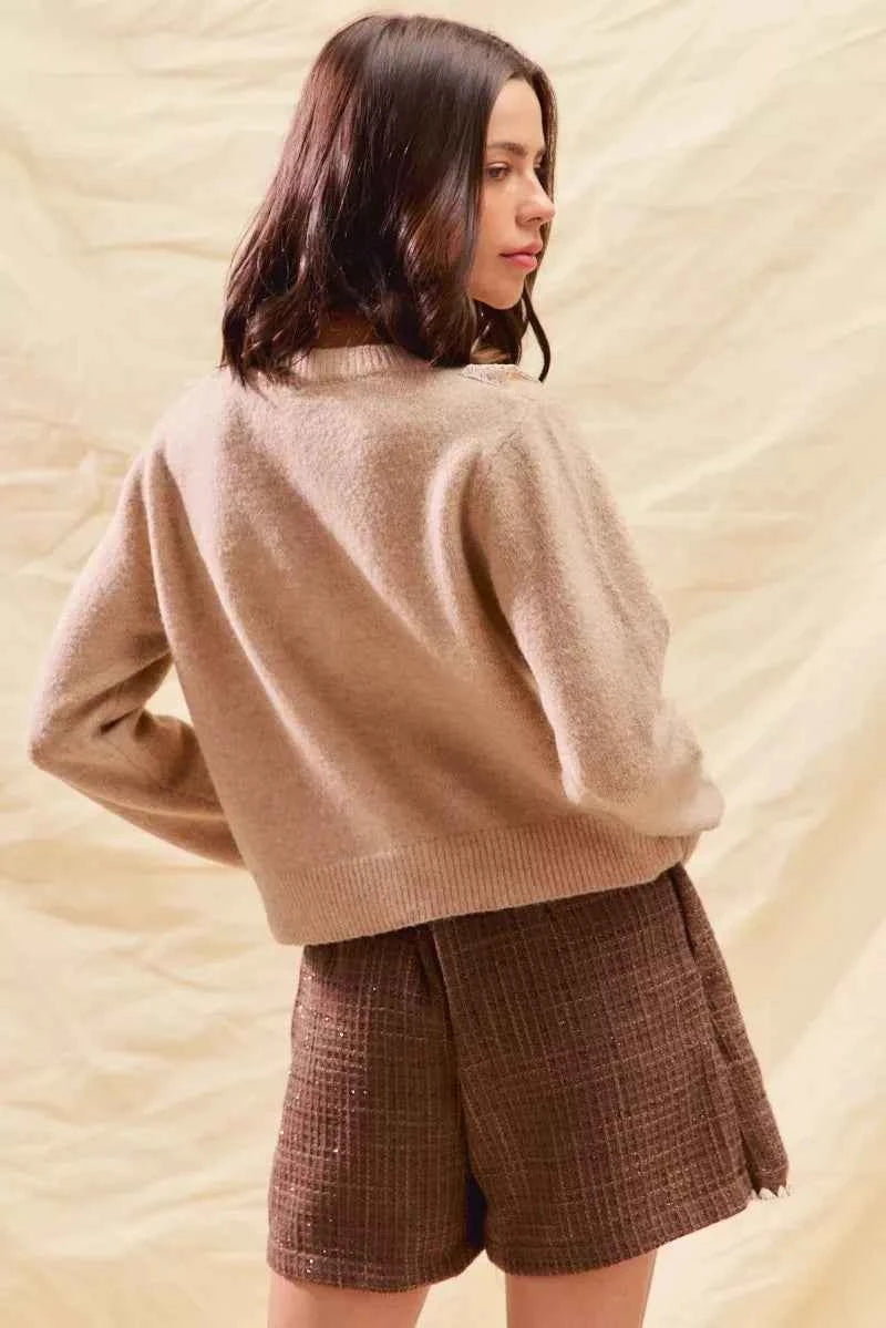 SO ME Women Cardigan Sweater Beige Knit Front Lace Trim Button Lonf Sleeve f70a35f7cf4f4fcca1548571c97865fc-Max-Origin Trendsi