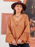 Plus Size V-Neck Peplum Blouse with Flare Long Sleeves