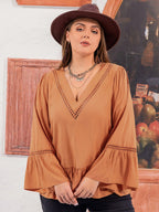 Plus Size V-Neck Peplum Blouse with Flare Long Sleeves