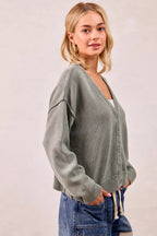 BiBi Womens Cardigan Cotton Washed Sweater Olive V Neck Basic Style f7179adba6ed49f3ba42b490135a7656-Max-Origin Trendsi