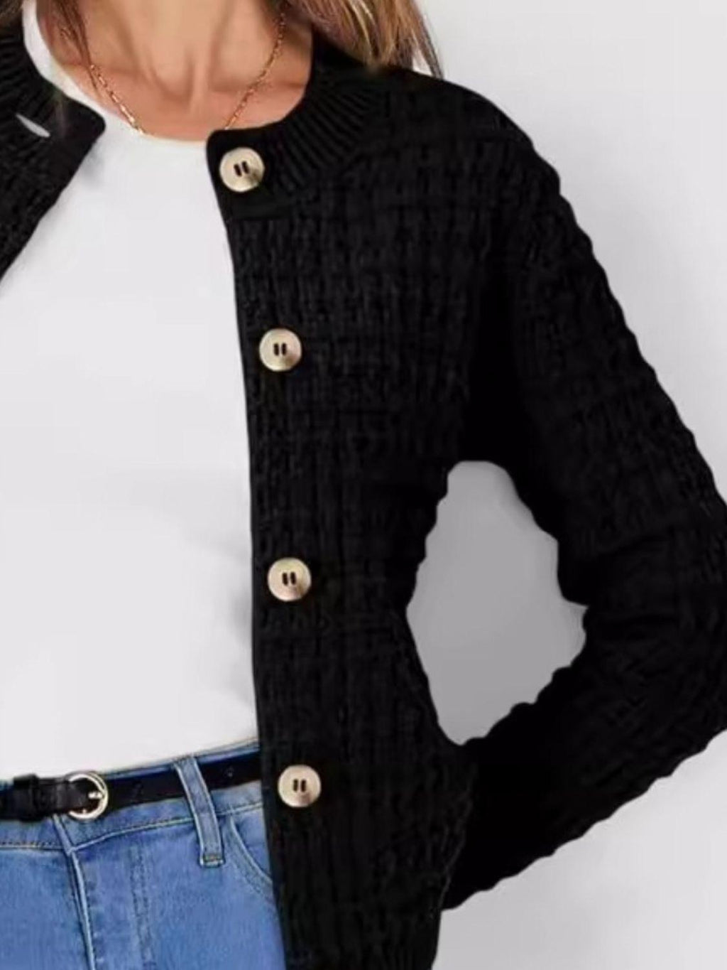 Button Up Cardigan Textured Round Neck Long Sleeve Single Breasted f71bd4a7-03ba-4424-8608-555d9bbe777c-Max Trendsi