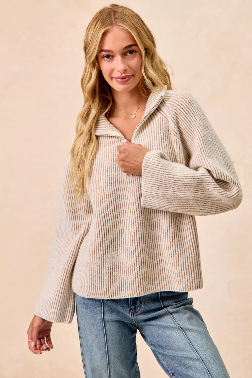 BiBi Womens Knit Top Taupe Two Tone Rib Texured with Zip Up Collared Sweater f7209a4ca4ef40578148b64b58c09c38-Max-Origin Trendsi