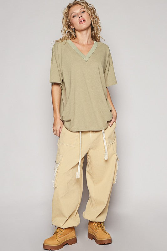 POL Women T-Shirt V-Neck Half Sleeve Dried Moss Cotton Blend Top Tees f7218d11-272e-438a-9a31-0cb8d38d2cf3-Max Trendsi