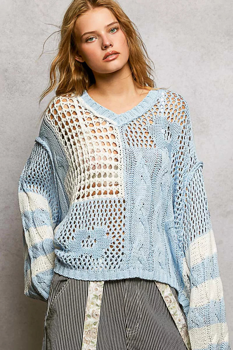 POL Womens Sweater Sky Blue Knit Color-Block Stripe Pattern Top Twisted Weave SKY BLUE f72e5e76-caab-4ee0-a1d0-ab401a96dc41-Max-Origin Trendsi