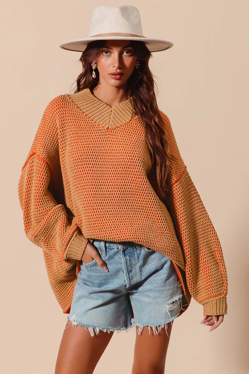 SO ME Womens Sweater Oversized V Neck Camel Orange Two Tone Textured f7336580b8414b308f41e4512d734bfd-Max-Origin Trendsi