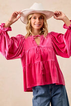 BiBi Womens Blouse Christmas Theme Velvet Bow Tied Ruffled Top f73719ad69c0465b985cf1cc3e7daae8-Max-Origin Trendsi