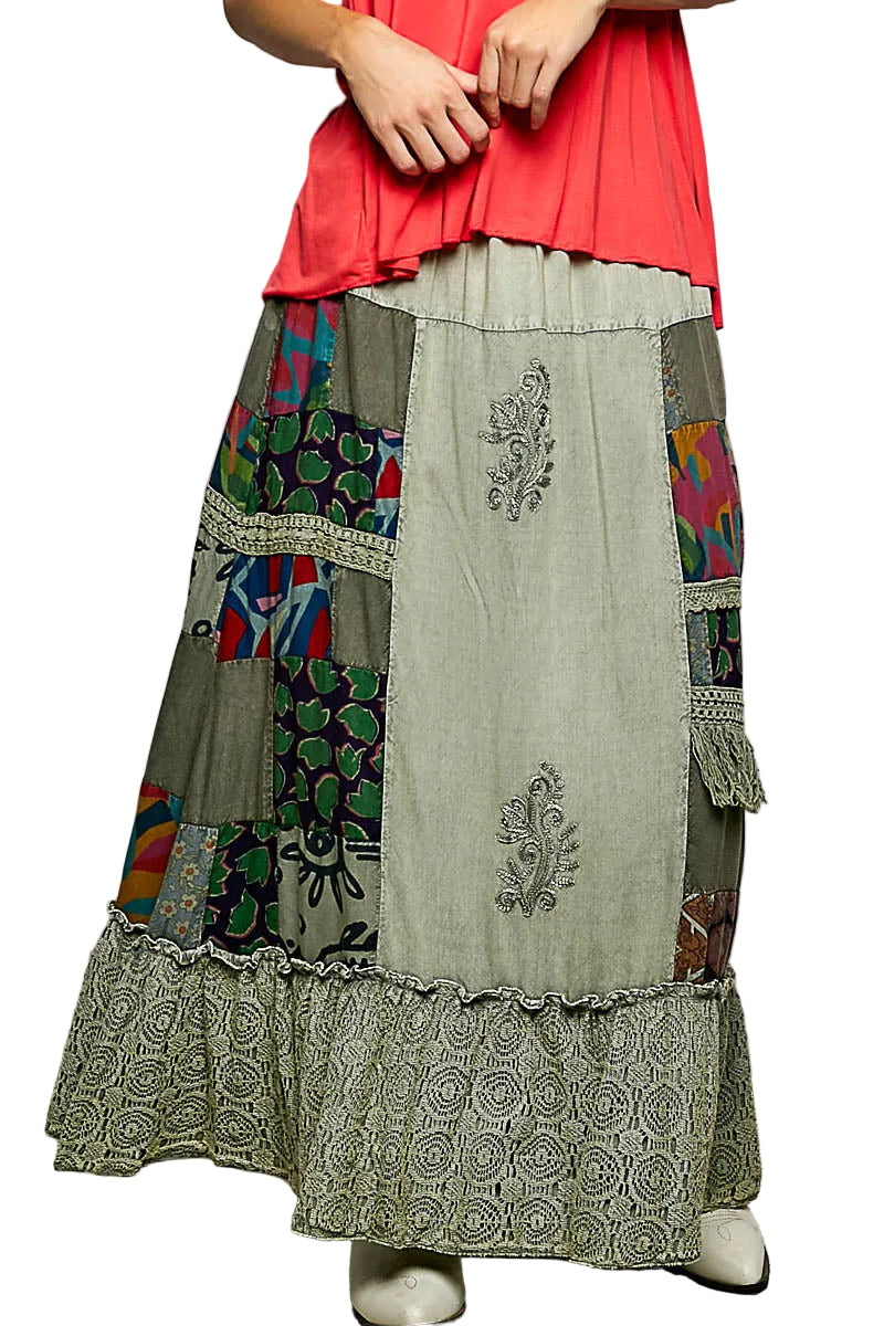 POL Printed Patchwork Embroidered Ruffled Skirt